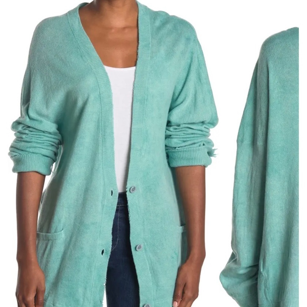 RTA Denim Distressed Oversized Trim Cashmere Knit Cardigan